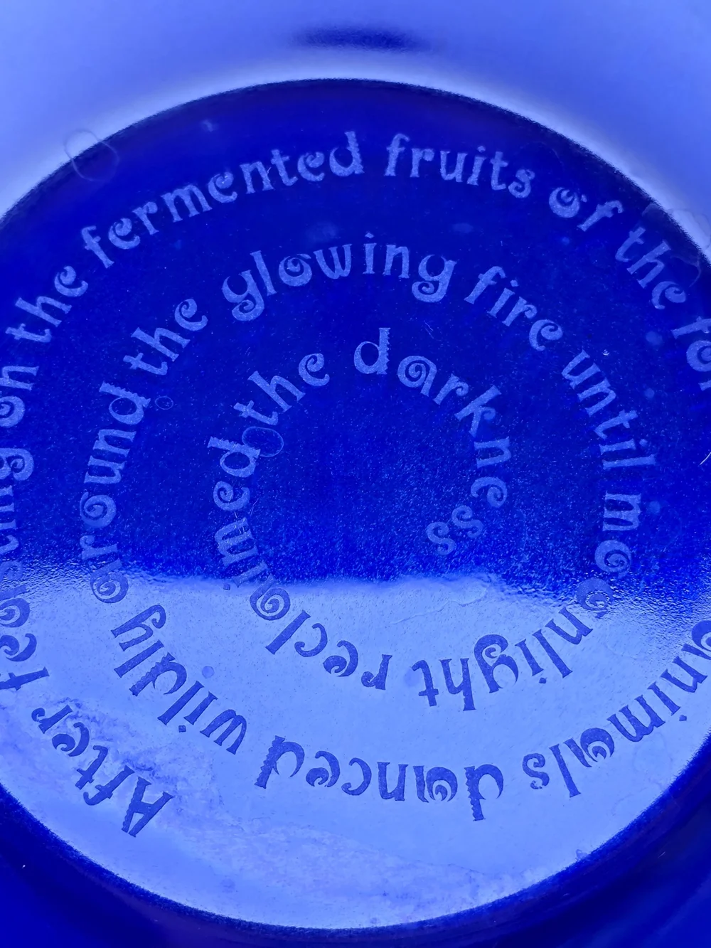 Leandra Drumm Etched Blue Glass Bowl with Whimsical Figures 9